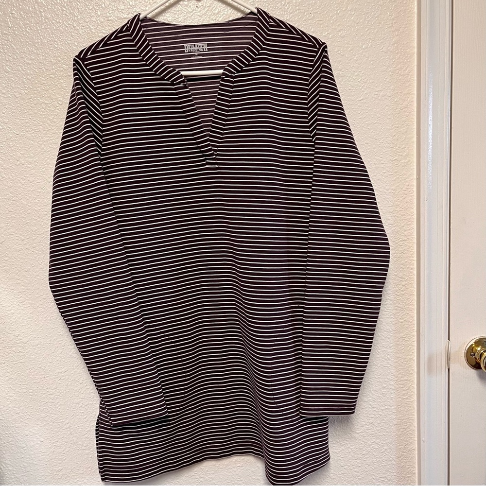 Duluth Trading CO Ponte Pro Tunic Top Women's Med Plum Striped with Pockets